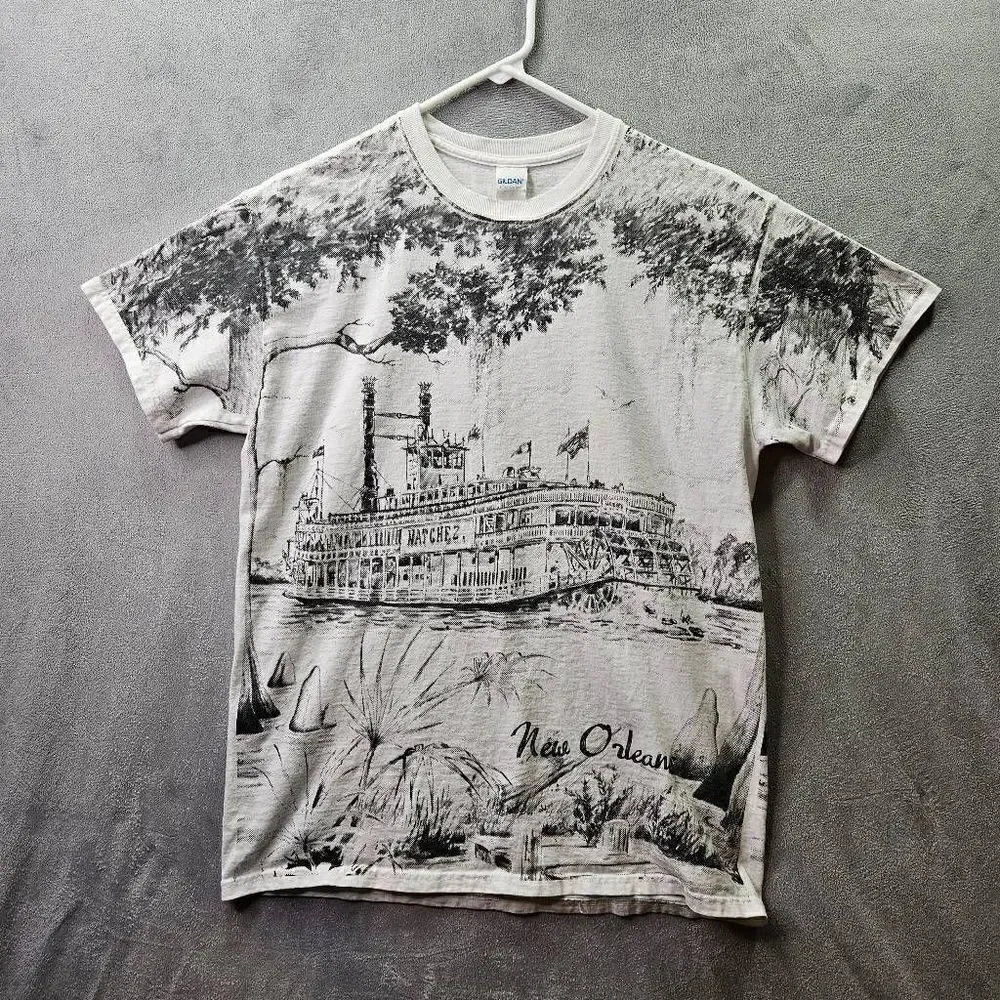 New Orleans Shirt Mens Medium White Bourbon Street All Over Print Graphic Tee - Picture 1 of 10
